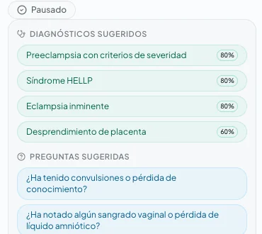 Captura real de Vital AI: diagnósticos candidatos y preguntas sugeridas por el copiloto durante una consulta de obstetricia
