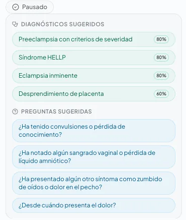 Captura real de una consulta en Vital AI: transcripción, síntomas detectados por IA, diagnósticos candidatos y preguntas sugeridas