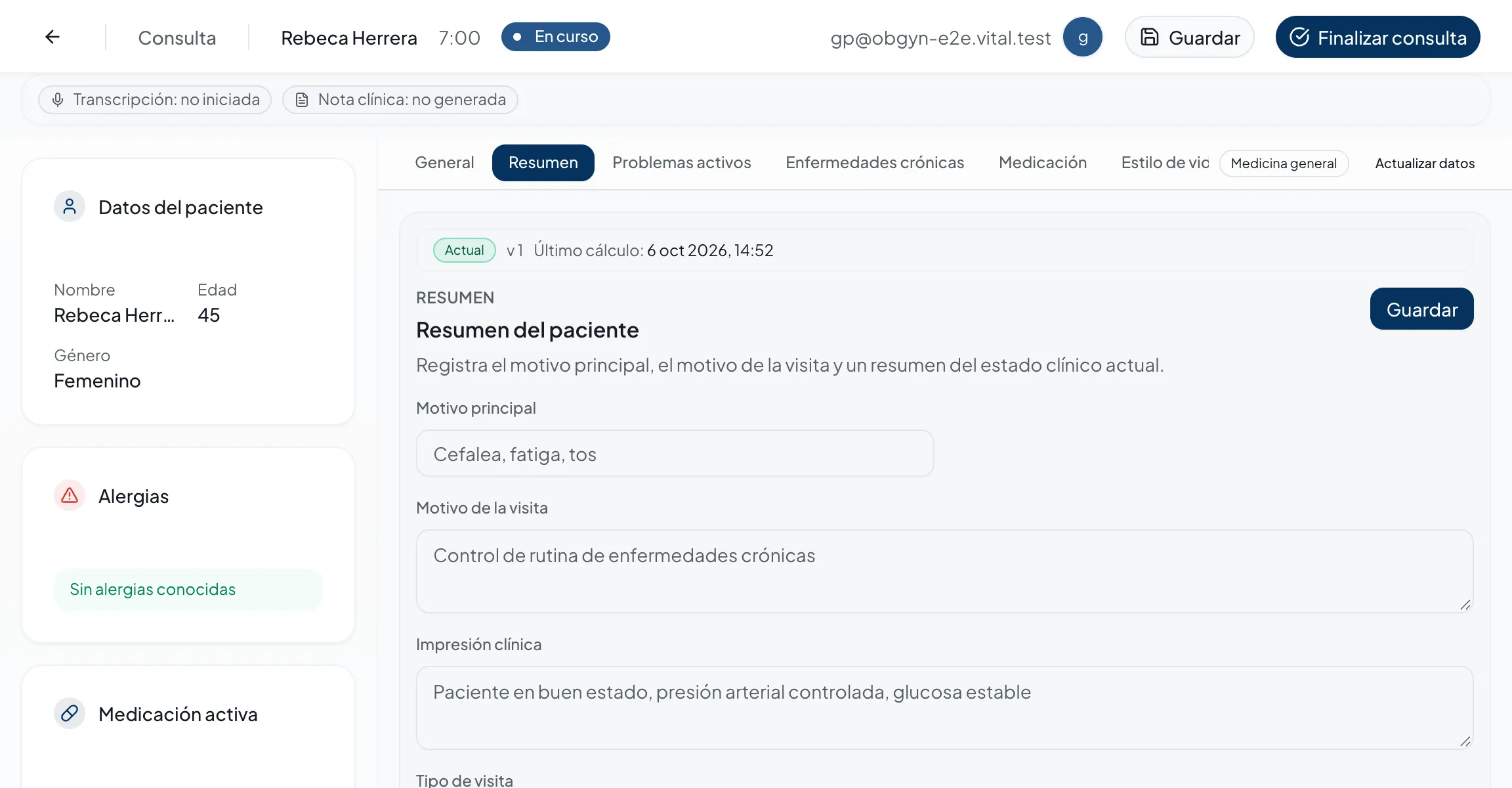 Captura real del espacio de medicina general de Vital AI con el resumen clínico del paciente