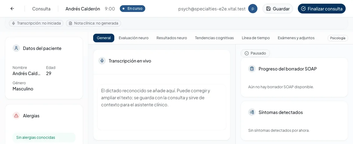 Captura real del espacio de neuropsicología de Vital AI con pestañas de evaluación, resultados y tendencias cognitivas