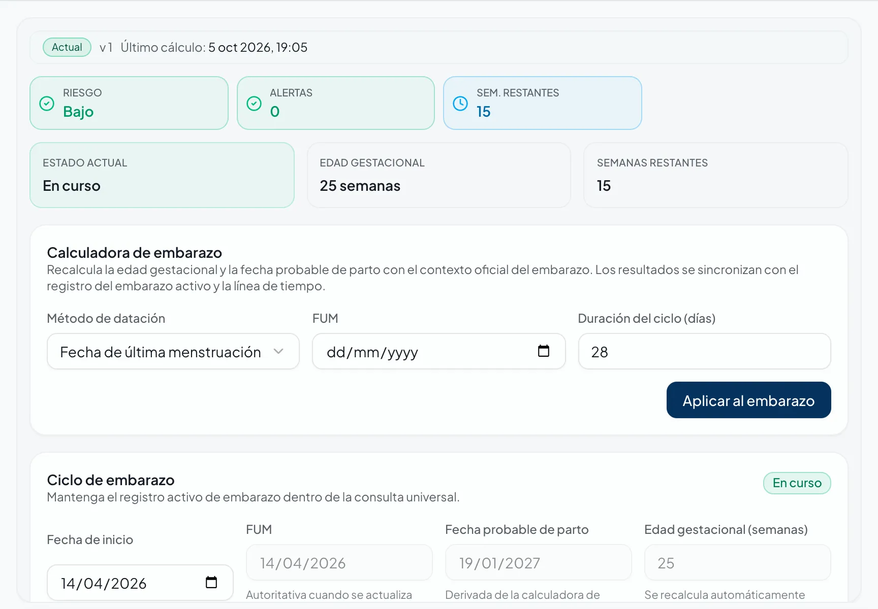 Captura real del resumen de embarazo de Vital AI con riesgo, edad gestacional y calculadora de fecha probable de parto