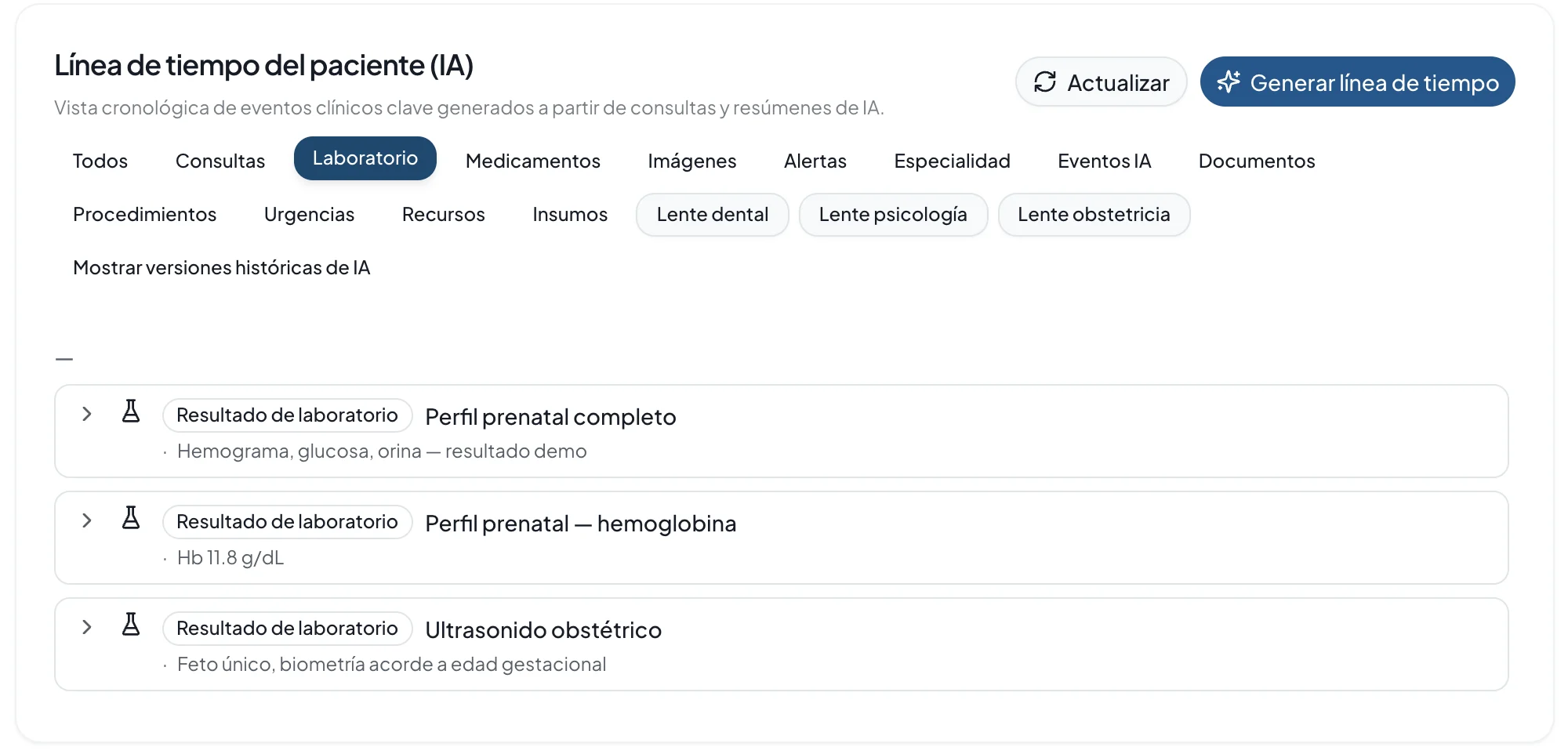 Línea de tiempo clínica de una paciente con resultados de laboratorio prenatales en Vital AI